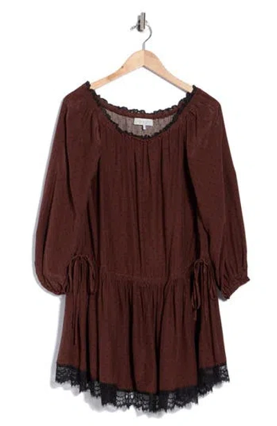 Wayf Off The Shoulder Minidress In Brown Polka Dot