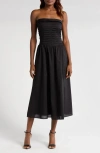Wayf Olivia Pleated Bodice Convertible Strapless Cotton Midi Dress In Black