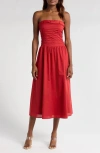 Wayf Olivia Pleated Bodice Convertible Strapless Cotton Midi Dress In Scarlet