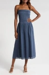 Wayf Olivia Pleated Bodice Convertible Strapless Cotton Midi Dress In Stone Blue
