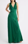 Wayf Ottilie Tie Strap Satin Gown In Green