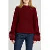 Wayf Pia Feather Trim Mock Neck Sweater In Burgundy