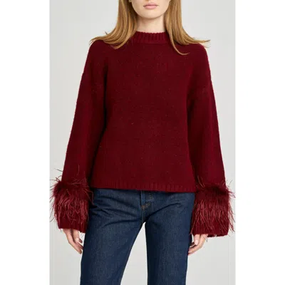 Wayf Pia Feather Trim Mock Neck Sweater In Burgundy