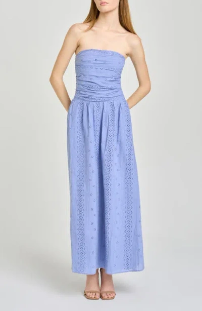 Wayf Pippa Gathered Eyelet Strapless Cotton Midi Dress In Multi