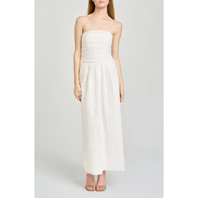 Wayf Pippa Gathered Eyelet Strapless Cotton Midi Dress In White