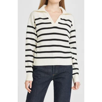 Wayf Port Stripe Johnny Collar Cotton Sweater In Ivory Black