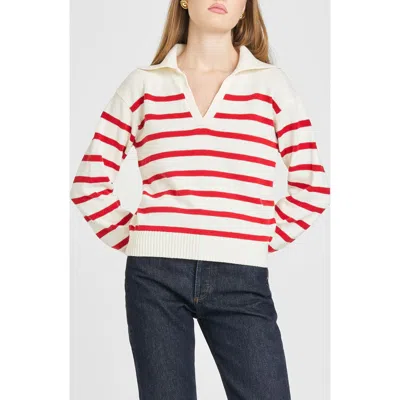 Wayf Port Stripe Johnny Collar Cotton Sweater In Ivory Red