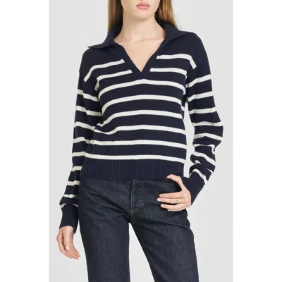 Wayf Port Stripe Johnny Collar Cotton Sweater In Navy Ivory
