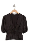 Wayf Puff Sleeve Tie Front Satin Top In Black