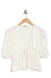 Wayf Puff Sleeve Tie Front Satin Top In Ivory