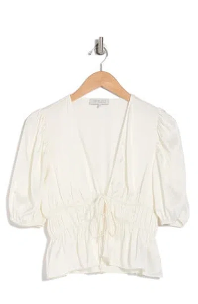 Wayf Puff Sleeve Tie Front Satin Top In White