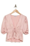 Wayf Puff Sleeve Tie Front Satin Top In Pink