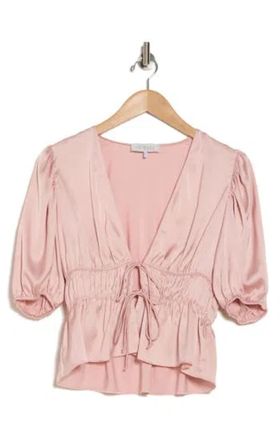 Wayf Puff Sleeve Tie Front Satin Top In Pink
