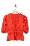 WAYF WAYF PUFF SLEEVE TIE FRONT SATIN TOP