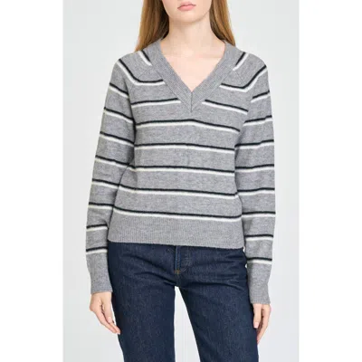 Wayf Quincy Striped V-neck Sweater In Grey/ivory