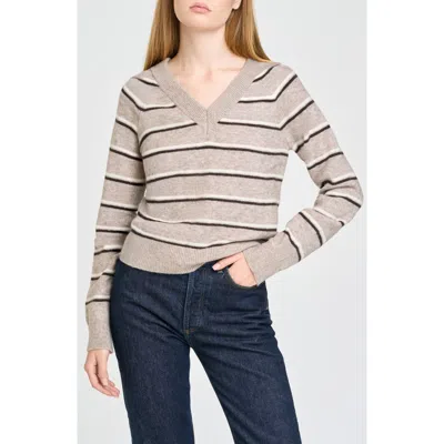Wayf Quincy Striped V-neck Sweater In Sand/ivory