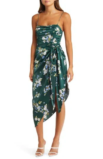 Wayf Ruched Bodice Satin Midi Dress In Black
