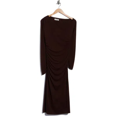 Wayf Ruched Gathered Bateau Neck Midi Dress In Black