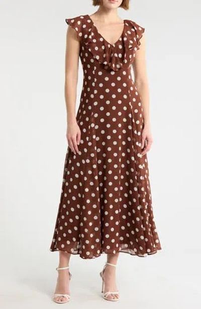 Wayf Ruffle Godet Midi Dress In Brown