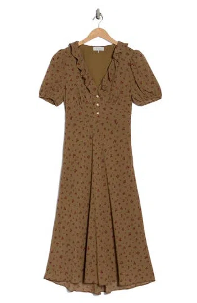 Wayf Ruffle Neck Midi Dress In Brown