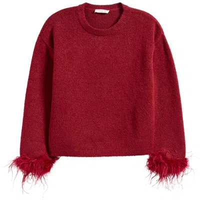 Wayf Sadie Feather Trim Sweater In Oxblood