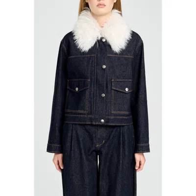 Wayf Sawyer Faux Fur Collar Denim Jacket In Dark Navy