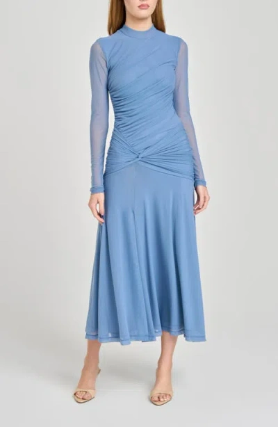 Wayf Selene Ruched Long Sleeve Dress In Blue