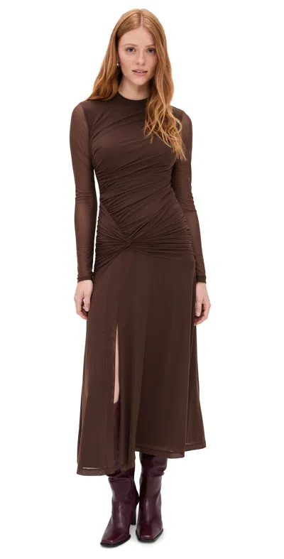 Wayf Selene Ruched Long Sleeve Dress Chocolate In Brown