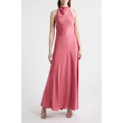 Wayf Sibella Cowl Halter Neck Satin Gown In Burgundy