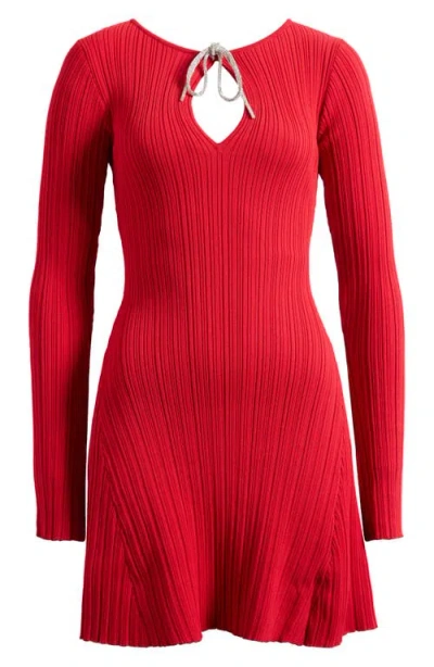 Wayf Small Talk Embellished Bow Long Sleeve Minidress In Red