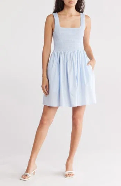 Wayf Smocked Cotton Blend Fit & Flare Minidress In Baby Blue
