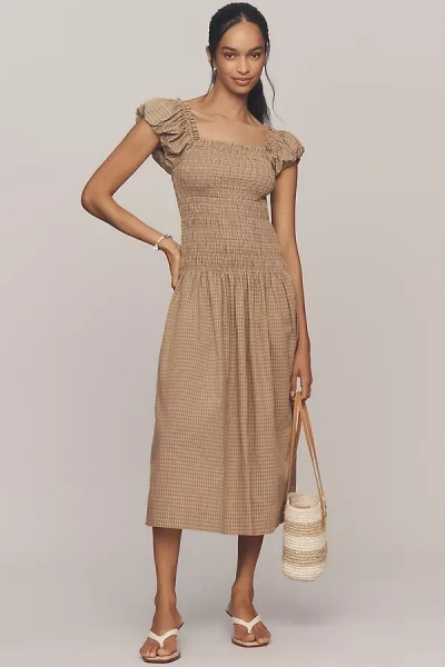 Wayf Smocked Drop-waist Midi Dress In Brown