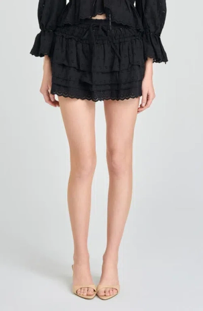 Wayf Sophia Tiered Ruffle Cotton Eyelet Skirt In Black
