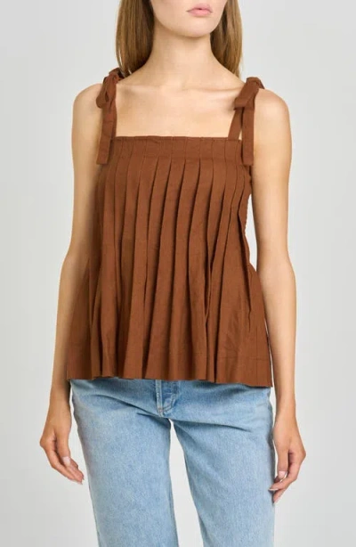 Wayf Stevie Pleated Tie Shoulder Babydoll Top In Brown