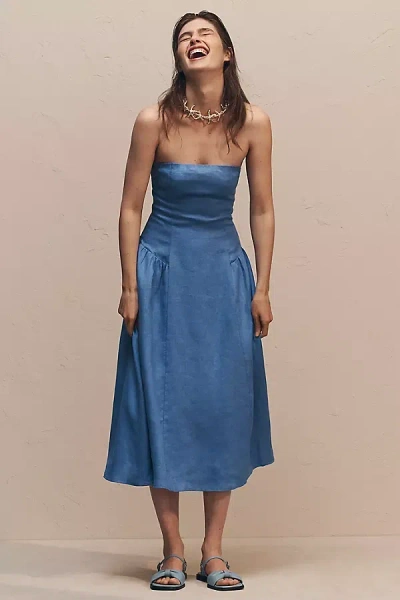 Wayf Strapless Linen Blend Midi Dress In Blue