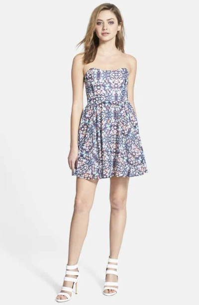 Wayf Strapless Print Fit & Flare Dress In Blue