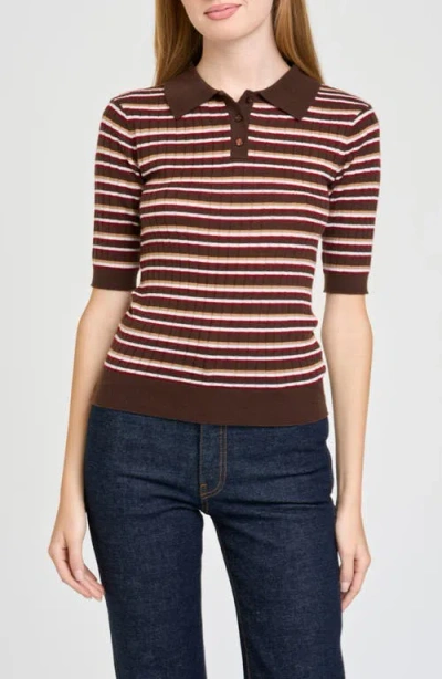 Wayf Sutton Striped Polo Sweater In Brown Stripe