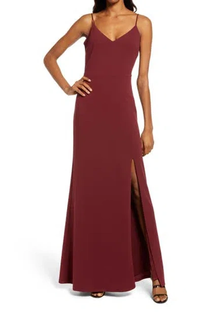 Wayf The Abigal Cowl Back Side Slit Gown In Burgundy