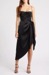 Wayf Ruched Bodice Satin Midi Dress In Black