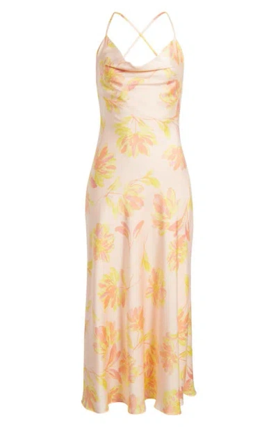 Wayf The Lolita Cowl Neck Satin Gown In Peach Floral