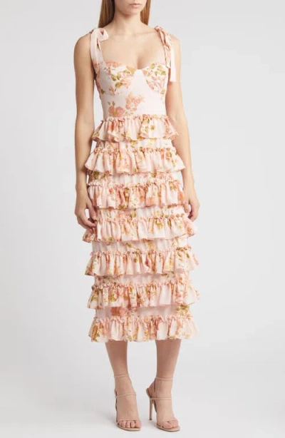 Wayf The Masie Floral Tiered Ruffle Cocktail Midi Dress In Vintage Roses