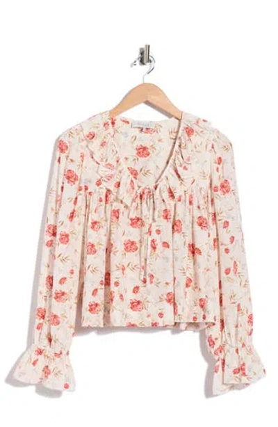 Wayf Tie Neck Long Sleeve Ruffle Top In Red Carnations