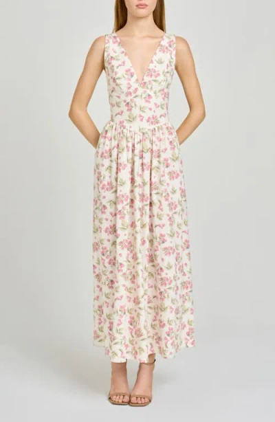 Wayf Vivia Floral Plunge Neck Drop Waist Midi Dress In White
