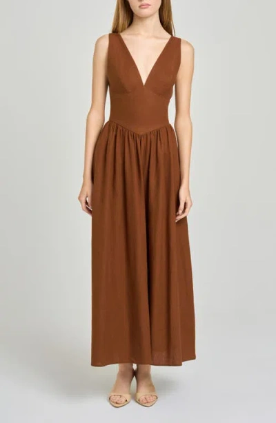 Wayf Vivia Plunge Neck Drop Waist Midi Dress In Brown