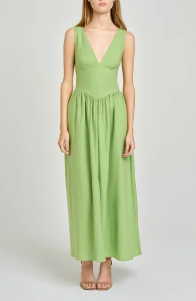 Wayf Vivia Plunge Neck Drop Waist Midi Dress In Green