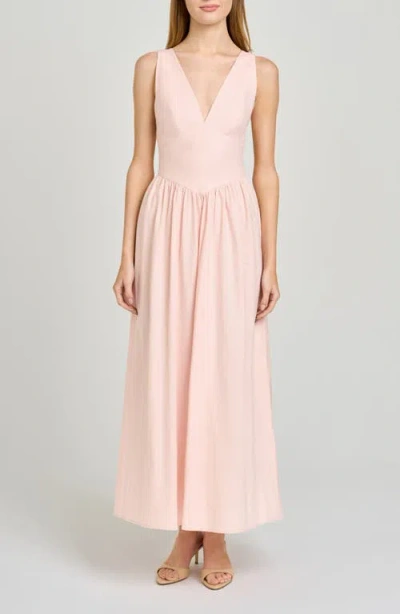 Wayf Vivia Plunge Neck Drop Waist Midi Dress In Pink