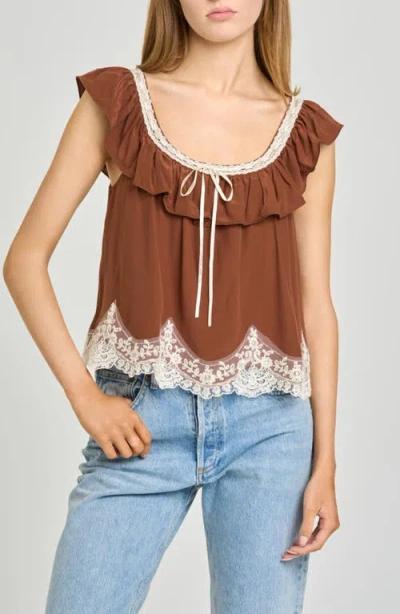 Wayf Wendy Lace Trim Ruffle Collar Top In Brown