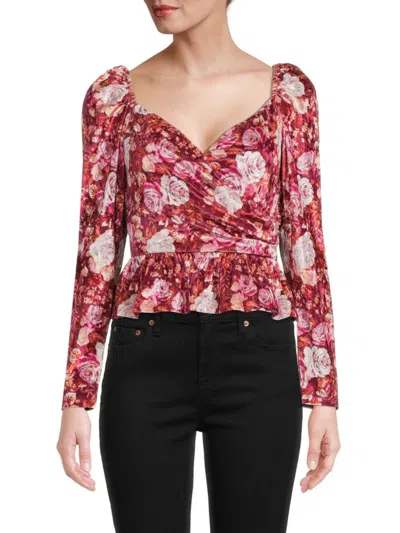 Wayf Women's Rose Print Peplum Top In Burgundy