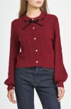 Wayf X Chérie Madeleine Joli Ribbon Trim Cable Cardigan In Oxblood