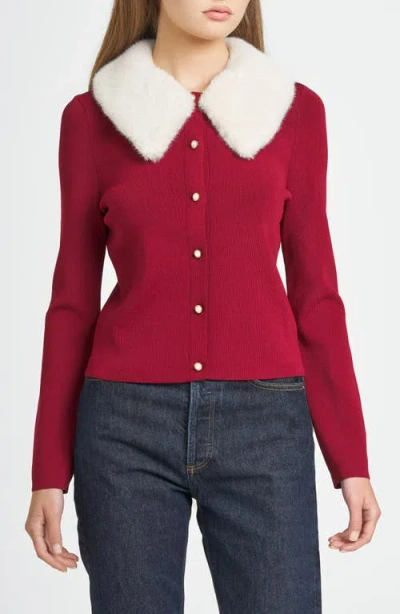 Wayf X Chérie Madeleine Rose Faux Fur Collar Cardigan In Bordeaux